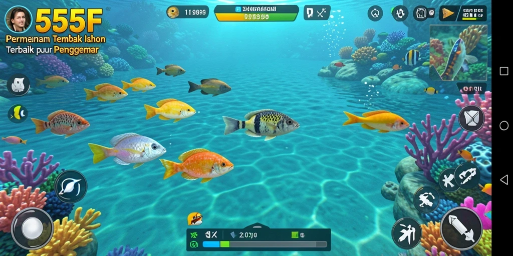 Gameplay seru di 555F dengan menembak ikan berwarna-warni.
