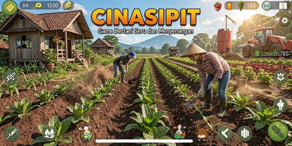 Tampilan permainan CINASIPIT yang menarik dengan kebun yang luas.