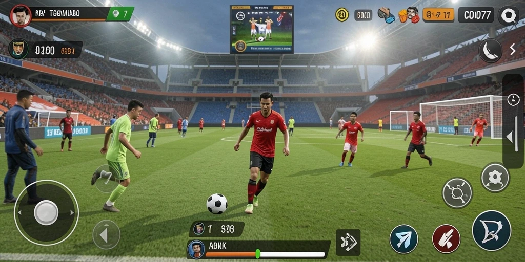 Screenshot utama COO77 menunjukkan aksi seru bermain sepak bola.