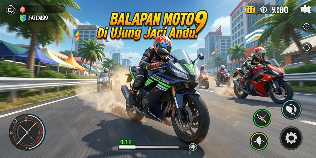 Tampilan gameplay balapan motor yang mendebarkan dalam FATCAI99.
