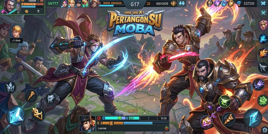 Screenshot gameplay GN777 menampilkan pertempuran seru antara tim dalam arena MOBA.