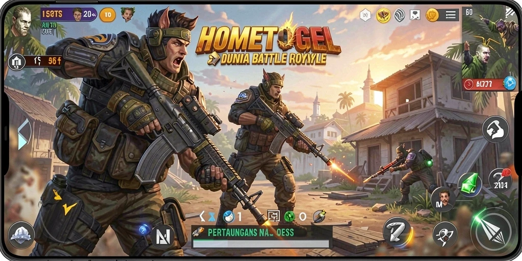 Gameplay mendebarkan di HOMETOGEL, penuh aksi Battle Royale.