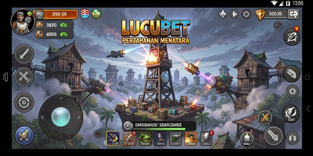 Screenshot LUCUBET menampilkan aksi menara dalam melawan gelombang musuh.