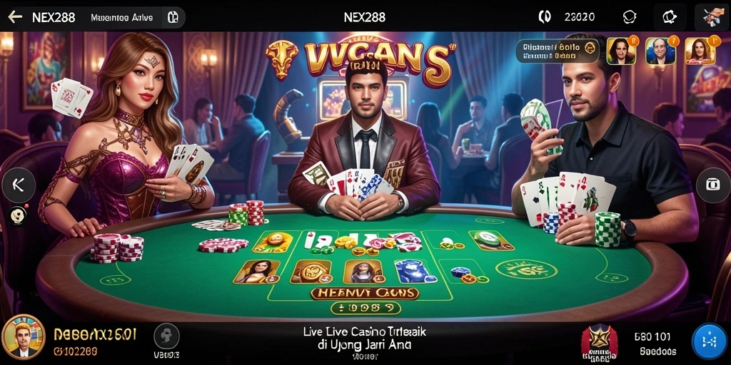 Tampilan utama NEX288 yang menampilkan dealer langsung dalam permainan Live Casino.