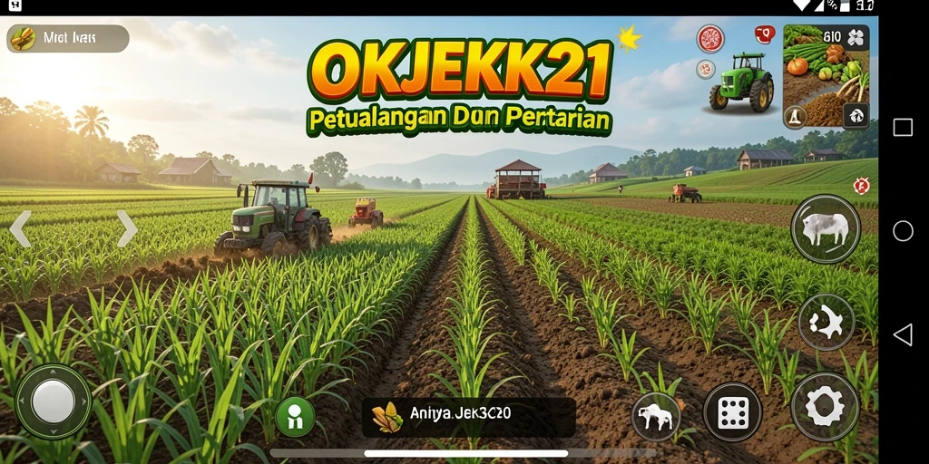 Tampilan utama gameplay OKJEK21 menampilkan aktivitas pertanian yang menyenangkan.