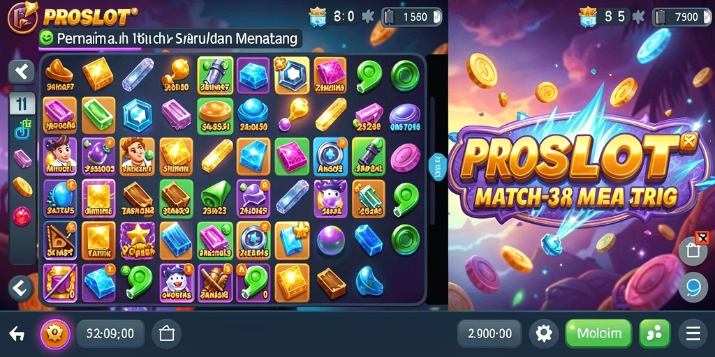 Screenshot gameplay PROSLOT menampilkan kombinasi objek berwarna-warni.