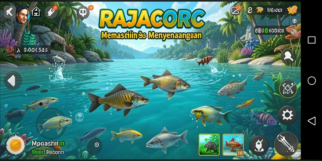Screenshot gameplay RAJACORC yang menampilkan pengalaman memancing yang mendebarkan.