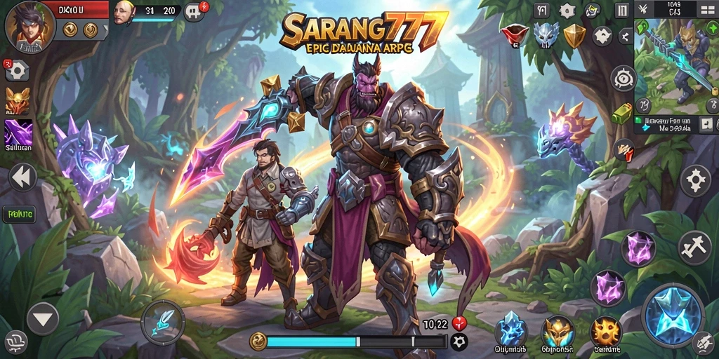 Screenshot gameplay SARANG777 menunjukkan pertarungan seru di dunia fantasi.