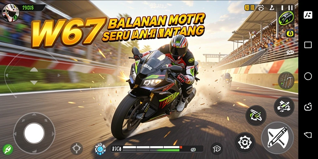 Screenshot utama W67 menunjukkan aksi balapan motor yang mendebarkan.